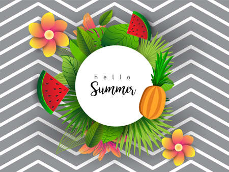 Summer vector banner design with tropical fruits and palm leaves background. Vector illustration.