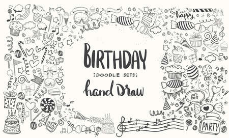 Happy Birthday background. Hand-drawn Birthday sets, party blowouts, party hats, gift boxes and bows, garlands and balloons and firework, candles on birthday pie.のイラスト素材