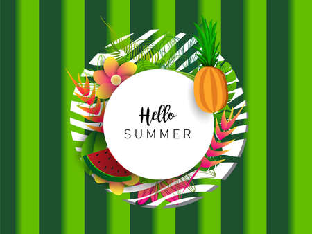 Summer vector banner design with tropical fruits and palm leaves background. Vector illustration.