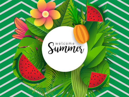 Summer vector banner design with tropical fruits and palm leaves background. Vector illustration.