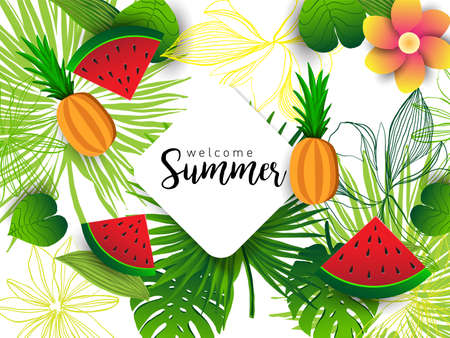 Summer vector banner design with tropical fruits and palm leaves background. Vector illustration.
