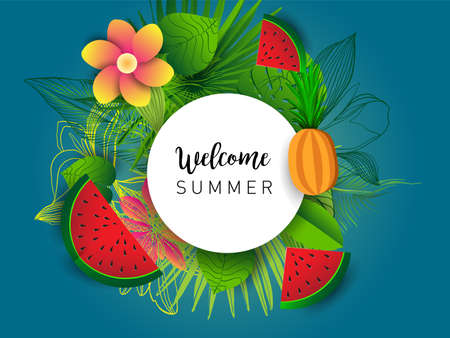 Summer vector banner design with tropical fruits and palm leaves background. Vector illustration.のイラスト素材