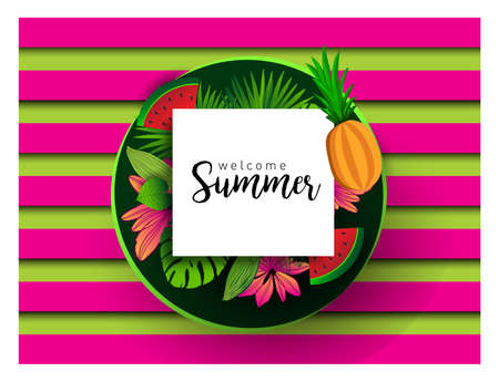 Summer vector banner design with tropical fruits and palm leaves background. Vector illustration.