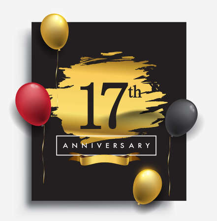 17th anniversary template design on golden brush background and balloon, vector design for greeting card and invitation card, Birthday celebrationのイラスト素材