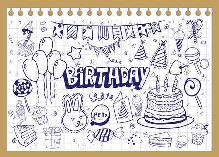 Happy Birthday background. Hand-drawn Birthday sets, party blowouts, party hats, gift boxes and bows, garlands and balloons and firework, candles on birthday pie.のイラスト素材
