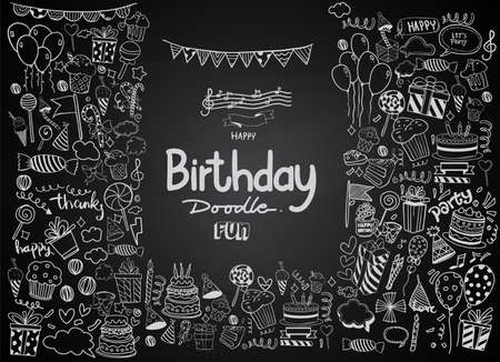 Happy Birthday background. Hand-drawn Birthday sets, party blowouts, party hats, gift boxes and bows. vector illustration chalk texture isolated on black backgroundのイラスト素材