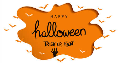 Halloween calligraphy with Halloween doodles elements and paper art design concept for banner, poster, greeting card, party invitation. Isolated illustration.のイラスト素材