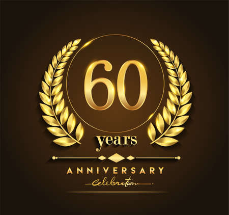 60th gold anniversary celebration logo with golden color and laurel wreath vector design.