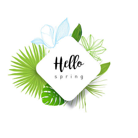 Design banner with lettering design welcome spring. Card for spring season with white green tropical leaves and floral. Promotion offer with spring plants, leaves and flowers decoration. Vectorのイラスト素材