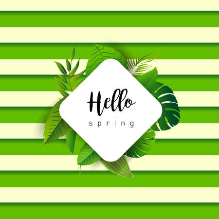 Design banner with lettering design welcome spring. Card for spring season with white green tropical leaves and floral. Promotion offer with spring plants, leaves and flowers decoration. Vectorのイラスト素材