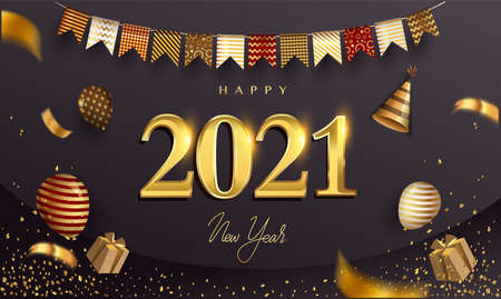 Happy New Year 2021 - New Year Shining Background with Gold Ribbon and Glitter, Elegant Design.