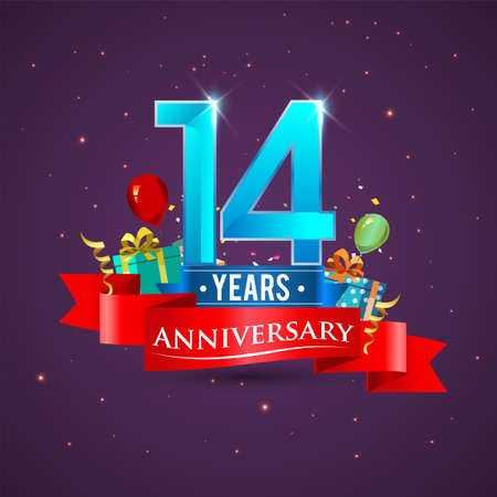 14th Anniversary celebration logo, with gift box and balloons, red ribbon.のイラスト素材