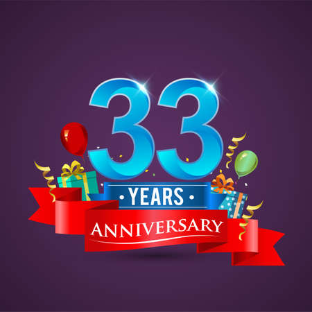33rd Anniversary celebration logo, with gift box and balloons, red ribbon.のイラスト素材