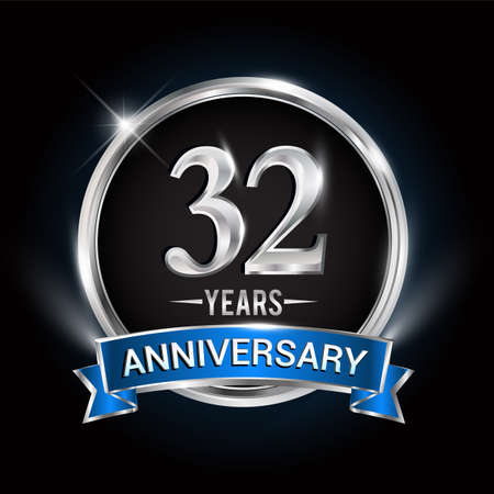 Celebrating 32nd years anniversary logo with silver ring and blue ribbon.のイラスト素材