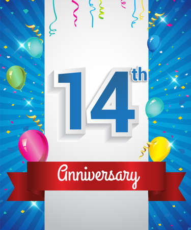 Celebrating 14th Anniversary logo, with confetti and balloons, red ribbon, Colorful Vector design template elements for your invitation card, flyer, banner and poster.のイラスト素材
