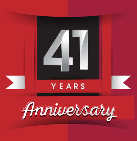 41st years anniversary   with white ribbon isolated on red background, flat design style, Vector template elements for birthday celebration.のイラスト素材