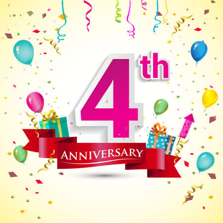 4th Years Anniversary Celebration Design, with gift box and balloons, ribbon, Colorful Vector template elements for your birthday celebrating party.のイラスト素材