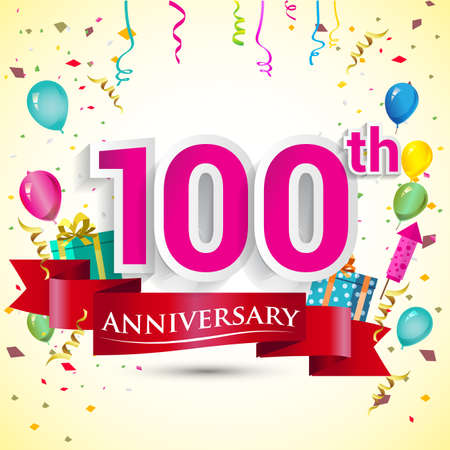 100th Years Anniversary Celebration Design, with gift box and balloons, ribbon, Colorful Vector template elements for your birthday celebrating party.のイラスト素材