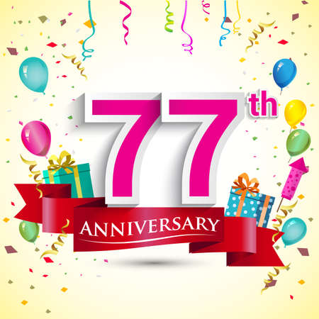 77th Years Anniversary Celebration Design, with gift box and balloons, ribbon, Colorful Vector template elements for your birthday celebrating party.のイラスト素材