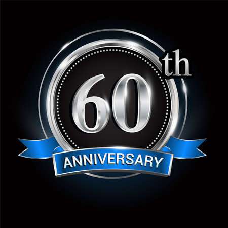 Celebrating 60th anniversary logo. with silver ring and blue ribbon.のイラスト素材