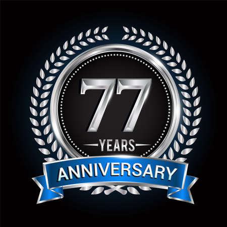Birthday celebration logo 77th years with wreath, laurel, blue ribbon and silver ring.のイラスト素材