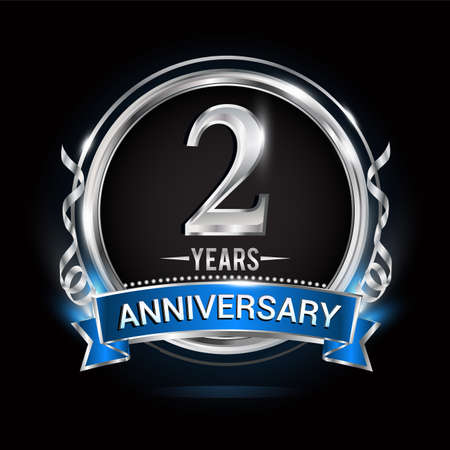 celebrating 2nd years anniversary with silver ring and blue ribbon.のイラスト素材