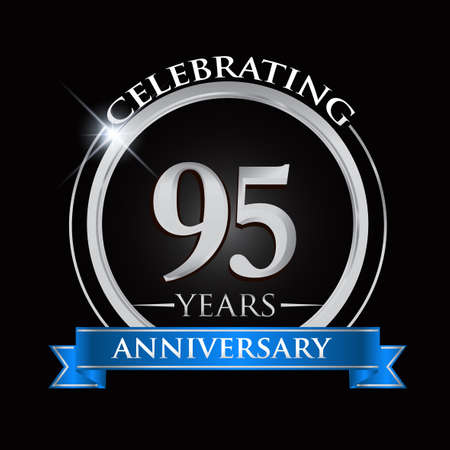 Celebrating 95 years anniversary logo. with silver ring and blue ribbon.のイラスト素材