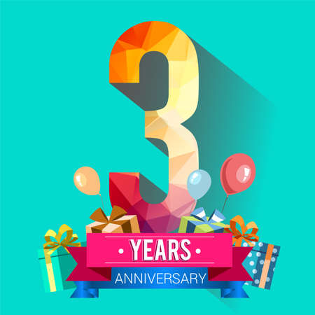 3 Years Anniversary Celebration Design, with gift box and balloons, red ribbon, Colorful polygonal logotype, Vector template elements for your birthday party.のイラスト素材