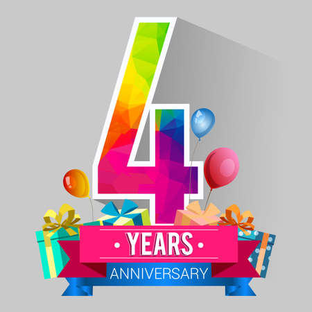 4 Years Anniversary Celebration Design, with gift box and balloons, red ribbon, Colorful polygonal , Vector template elements for your birthday party.のイラスト素材
