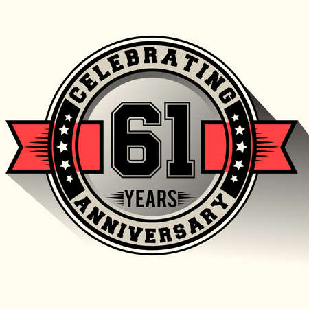 Celebrating 61 years anniversary  vintage emblem with red ribbon, Retro vector design isolated on white backgroundのイラスト素材