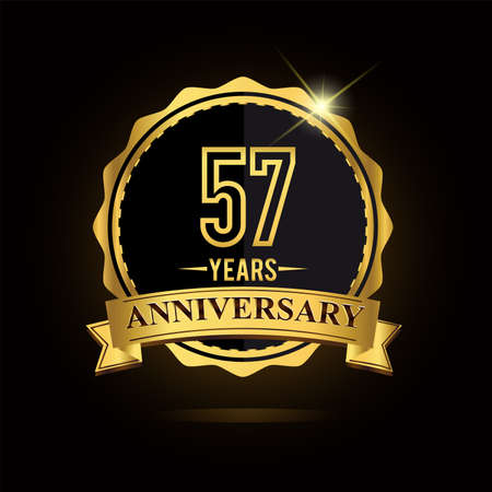 vector emblem 57 anniversary   with ribbon golden colored and shiny badge