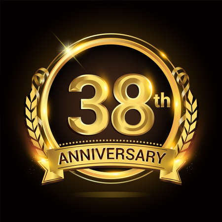 38th golden anniversary  , 38 years anniversary celebration with ring and ribbon, Golden anniversary laurel wreath design.のイラスト素材