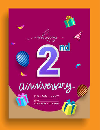 2nd Years Anniversary invitation Design, with gift box and balloons, ribbon, Colorful Vector template elements for birthday celebration partyのイラスト素材