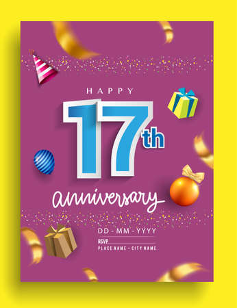 17th Years Anniversary invitation Design, with gift box and balloons, ribbon, Colorful Vector template elements for birthday celebration party.のイラスト素材
