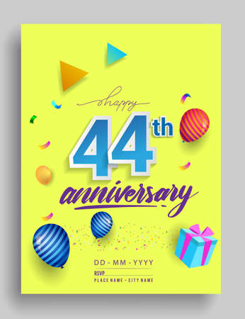 44th Years Anniversary invitation Design, with gift box and balloons, ribbon, Colorful Vector template elements for birthday celebration party.のイラスト素材