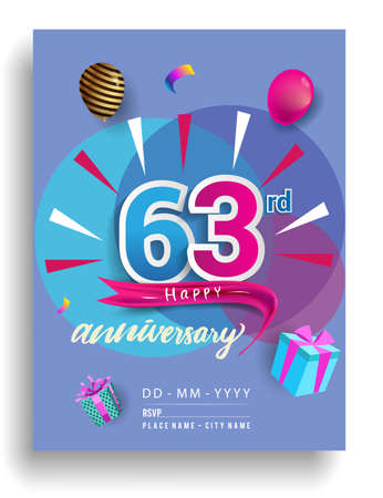 63rd Years Anniversary invitation Design, with gift box and balloons, ribbon, Colorful Vector template elements for birthday celebration party.のイラスト素材