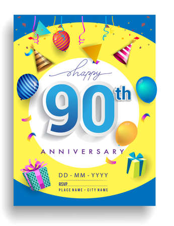 90th Years Anniversary invitation Design, with gift box and balloons, ribbon, Colorful Vector template elements for birthday celebration party.のイラスト素材