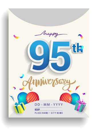 95th Years Anniversary invitation Design, with gift box and balloons, ribbon, Colorful Vector template elements for birthday celebration party.のイラスト素材