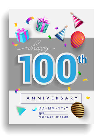 100th Years Anniversary invitation Design, with gift box and balloons, ribbon, Colorful Vector template elements for birthday celebration party.のイラスト素材