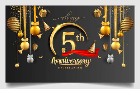 5th years anniversary design for greeting cards and invitation, with balloon, confetti and gift box, elegant design with gold and dark color, design template for birthday celebrationのイラスト素材