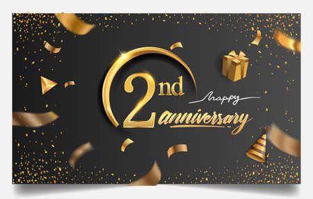2nd years anniversary design for greeting cards and invitation, with balloon, confetti and gift box, elegant design with gold and dark color, design template for birthday celebrationのイラスト素材