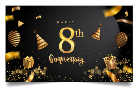 8th years anniversary design for greeting cards and invitation, with balloon, confetti and gift box,...