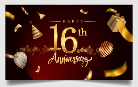 16th years anniversary design for greeting cards and invitation, with balloon, confetti and gift box, elegant design with gold and dark color, design template for birthday celebrationのイラスト素材