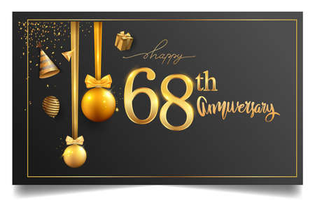 68th years anniversary design for greeting cards and invitation, with balloon, confetti and gift box, elegant design with gold and dark color, design template for birthday celebration.のイラスト素材