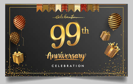 99th years anniversary design for greeting cards and invitation, with balloon, confetti and gift box, elegant design with gold and dark color, design template for birthday celebration.のイラスト素材
