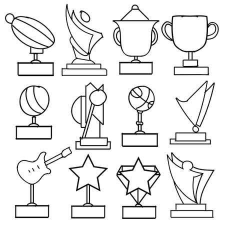 Set of Drawings Winner Trophy Theme Doodle Collection In White Isolated Backgroundのイラスト素材