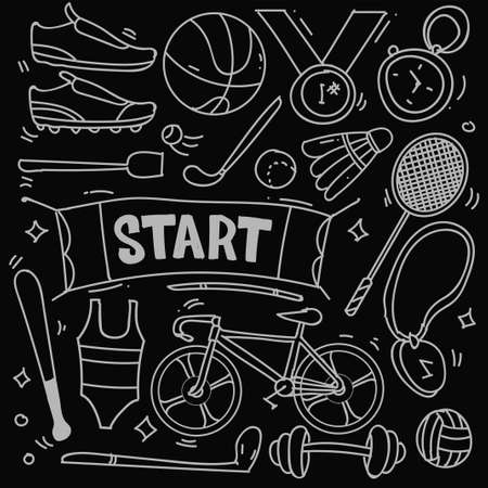 Set of hand drawn sport theme isolated on black background, doodle set of sport theme. Vector illustrationのイラスト素材