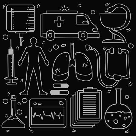 Set of Drawings Healthcare Theme Doodle Collection In Black Isolated Backgroundのイラスト素材