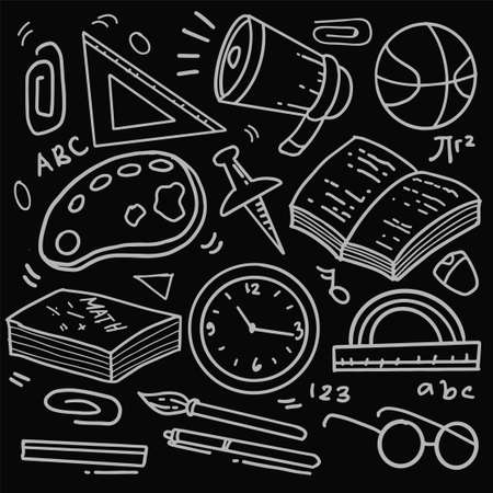 Set of hand drawn School clip-art. Vector doodle school icons and symbols in doodle style, vector illustrationのイラスト素材