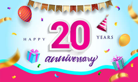 20th Years Anniversary Celebration Design, with gift box and balloons, ribbon, Colorful Vector...